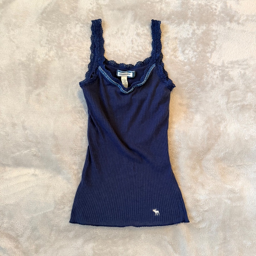 Abercrombie & Fitch Navy Ribbed Lace Trim Cami Tank Top Built-in Bra Large Vtg